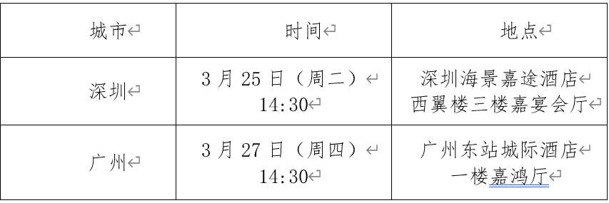 <table> <tr><td>城市←</td> <td>时间←</td> <td>地点←</td> </tr> <tr><td>深圳←</td> <td>3月25日(周二)←14: 30←</td> <td>深圳海景嘉途酒店←西翼楼三楼嘉宴会厅 </td> </tr> <tr><td>广州<</td> <td>3月27日(周四)←14: 30←</td> <td>广州东站城际酒店←一楼嘉鸿厅←</td> </tr> </table>