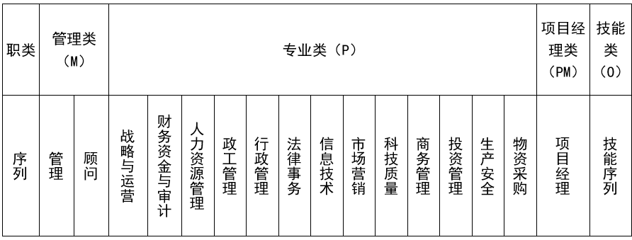 <table> <tr><td>职类</td> <td colspan="2">管理类(M)</td> <td colspan="13">专业类(P)</td> <td>项目经理类(PM)</td> <td>技能类(0)</td> </tr> <tr><td>序列</td> <td>管理</td> <td>顾问</td> <td>战略与运营</td> <td>财务资金与审计</td> <td>人力资源管理</td> <td>政工管理</td> <td>行政管理</td> <td>法律事务</td> <td>信息技术</td> <td>市场营销</td> <td>科技质量</td> <td>商务管理</td> <td>投资管理</td> <td>生安全</td> <td>物资采购</td> <td>项目经理</td> <td>技能序列</td> </tr> </table>