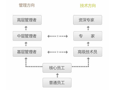 <p>管理方向技术方向</p> <p>  </p> <p>  </p> <p> </p>  <table> <tr><td>高层管理者</td> <td></td> <td>资深专家</td> </tr> <tr><td>中层管理者</td> <td>和-- .=-+</td> <td>专 家</td> </tr> <tr><td>基层管理者</td> <td>+-  ---+</td> <td>高级技术员</td> </tr> <tr><td></td> <td>核心员工</td> <td></td> </tr> <tr><td></td> <td>普通员工</td> <td></td> </tr> </table>
