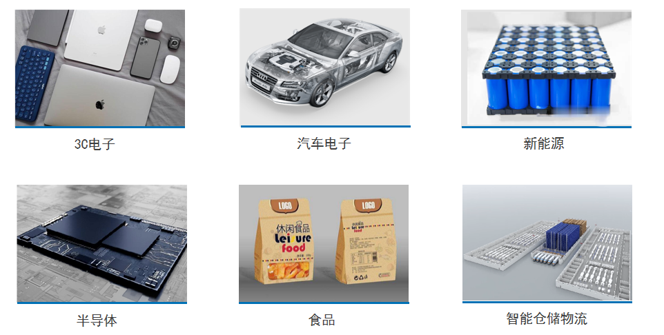 <p>半导体食品智能仓储物流</p>  <table> <tr><td>" I\'4</td> <td colspan="4">O O.1 FUYES S6</td> </tr> <tr><td colspan="5">3C电子 汽车电子 新能源</td> </tr> <tr><td>一大</td> <td></td> <td>LDGO ) L0G0休闲食品 中Lei ure 醫food骨大 nCo</td> <td></td> <td>子6</td> </tr> </table>