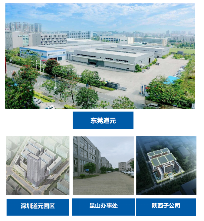 <p>u业</p> <p>州SBBF--期电电</p> <p>亚</p> <p>5</p>  <table> <tr><td></td> <td>东莞道元</td> <td></td> </tr> <tr><td colspan="2">.. ,I .、 1n品\'.</td> <td>管,L0</td> </tr> <tr><td>深圳道元园区</td> <td>昆山办事处</td> <td>陕西子公司</td> </tr> </table>