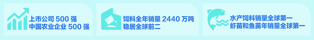 <p>上市公司500 强<br/>中国农业企业500强</p> <p>饲料全年销量2440万吨<br/>稳居全球前二</p> <p>水产饲料销量全球第一<br/>虾苗和鱼苗年销量全球第一</p>