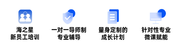 <p>海之星<br/>新员工培训</p> <p>一对一导师制<br/>专业辅导</p> <p>量身定制的<br/>成长计划</p> <p>针对性专业<br/>微课赋能</p>