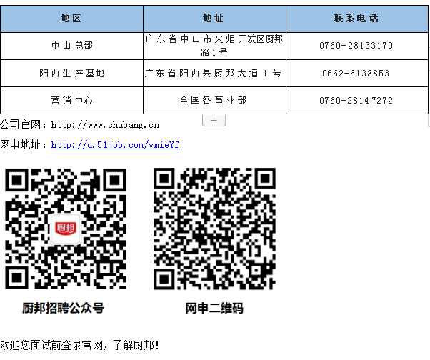 <p>网申地址: http: 1/u. 51iob. com/vmieYf</p> <p>四邦</p> <p>厨邦招聘公众号网申二 维码</p> <p>欢迎您面试前登录官网,了解厨邦!</p>  <table> <tr><td>地区</td> <td colspan="3">地址</td> <td>联系电话</td> </tr> <tr><td>中山总部</td> <td colspan="3">广东省中山市火炬开发区厨邦路1号</td> <td>0760-28133170</td> </tr> <tr><td>阳西生产基地</td> <td colspan="3">广东省阳西县厨邦大道1号</td> <td>0662-6138853</td> </tr> <tr><td>营销中心</td> <td colspan="3">全国各事业部</td> <td>0760-2814 7272</td> </tr> <tr><td colspan="2">公司官网: http: //www. chub ang. cn</td> <td>+</td> <td colspan="2"></td> </tr> </table>
