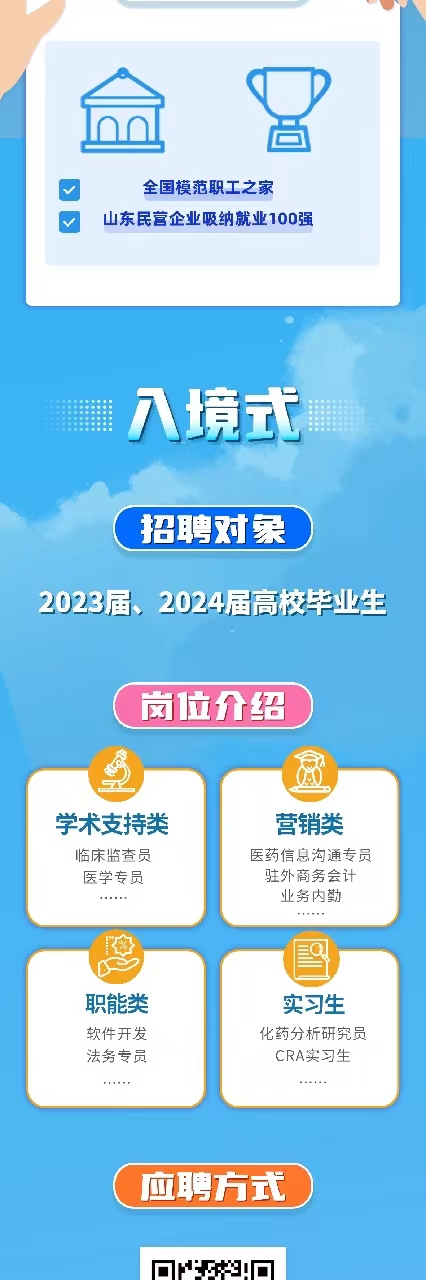 <p>全国模范职工之家</p> <p>山东民营企业吸纳就业100强</p> <p>入境式</p> <p>招聘对象</p> <p>2023届、2024届高校毕业生</p> <p>岗位介绍</p> <p>学术支持类<br/>临床监查员<br/>医学专员</p> <p>营销类<br/>医药信息沟通专员<br/>驻外商务会计</p> <p>业务内勤</p> <p>职能类<br/>软件开发<br/>法务专员</p> <p>实习生<br/>化药分析研究员</p> <p>CRA实习生</p> <p>应聘方式</p> <p>3</p>